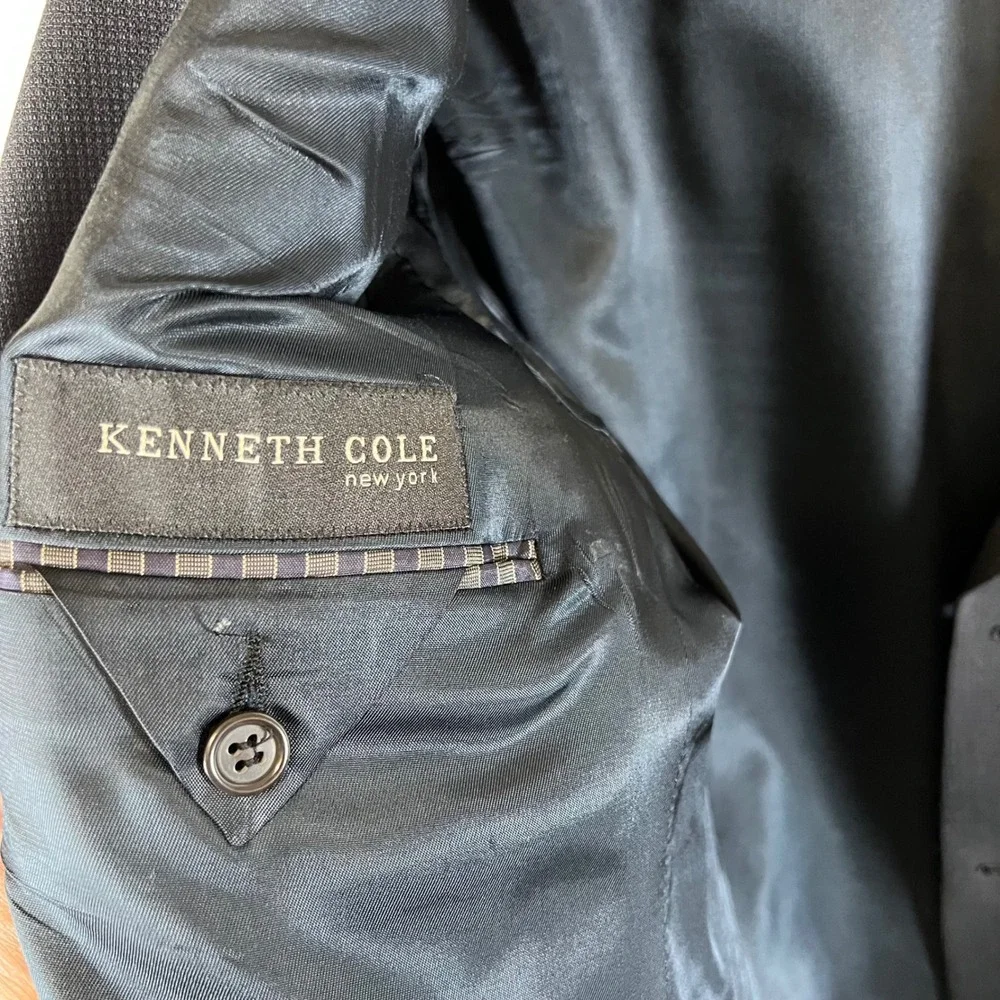 Kenneth Cole New York Mens Blazer Navy‎ Blue Micro Check 3 Button Sport Coat USA